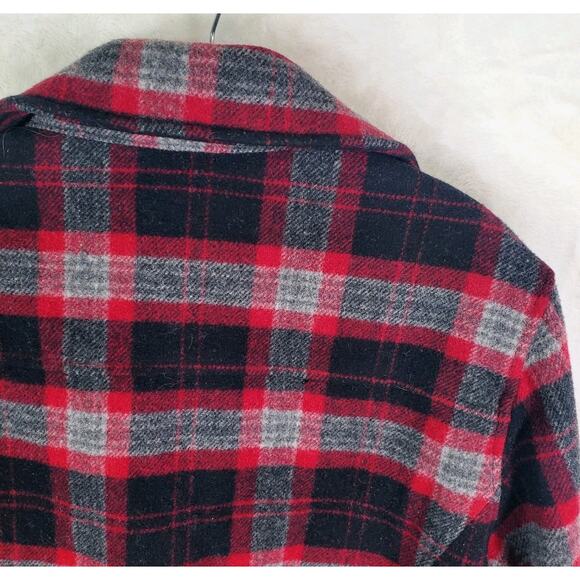 Vtg Woolrich Plaid Double Breast Pea Coat Jacket Womens Large Black Red Button - Picture 12 of 15
